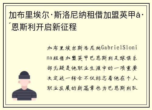 加布里埃尔·斯洛尼纳租借加盟英甲巴恩斯利开启新征程