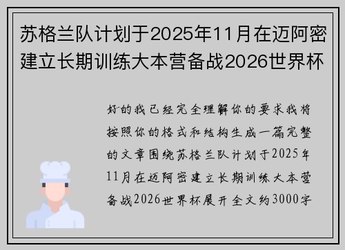 苏格兰队计划于2025年11月在迈阿密建立长期训练大本营备战2026世界杯